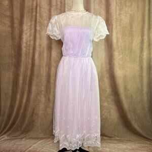 Vintage Coquette Dress 70s Sheer Mesh Floral Embroidered Lavender Tea Party